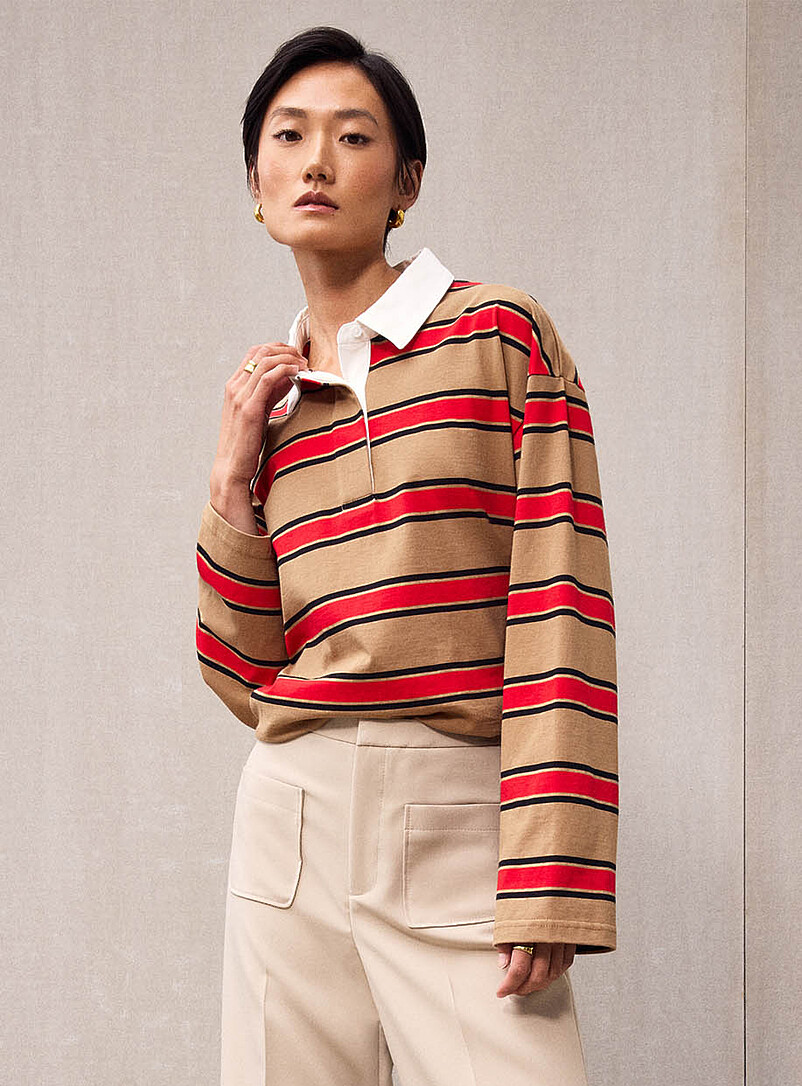 Striped Poplin-Collar Polo Shirt