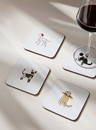 Sweet cat and dog life laminated cork coasters Set of 4