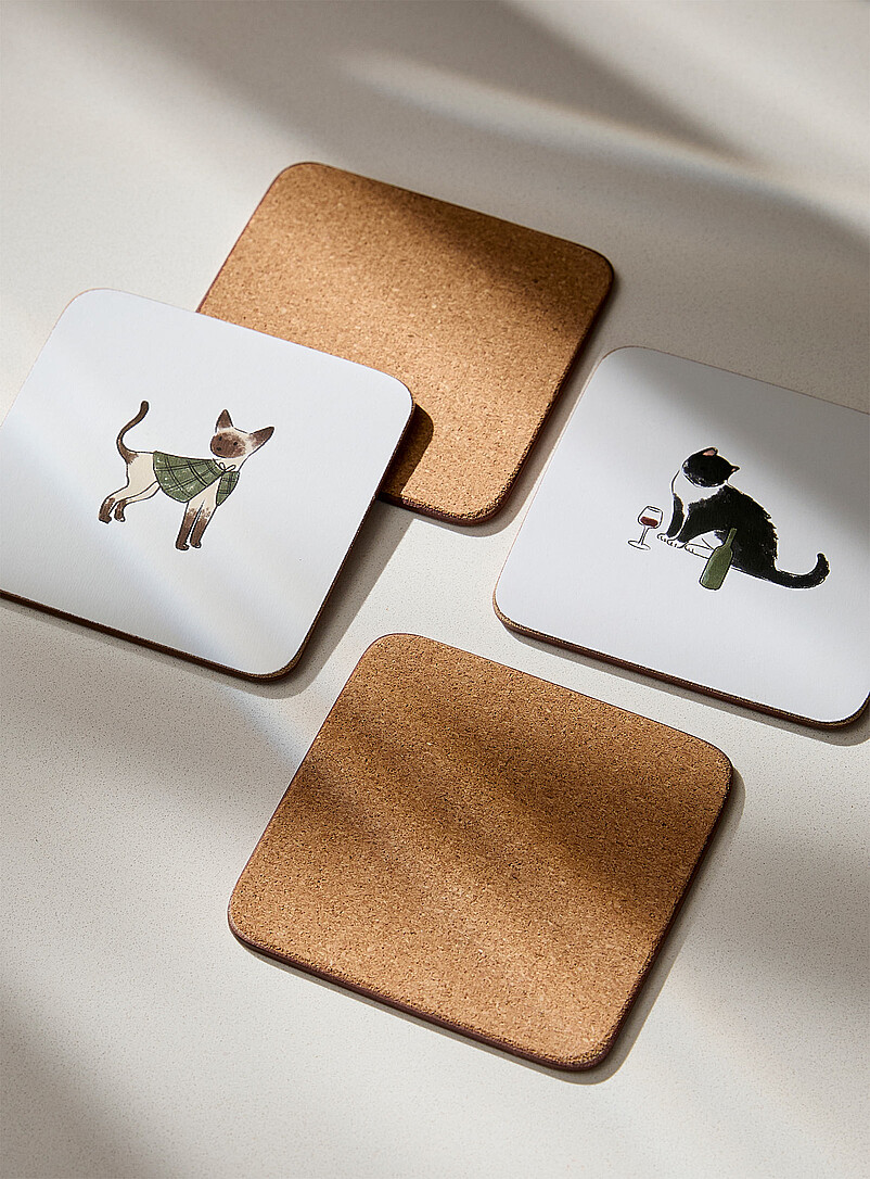 Simons Maison: Les sous-verres lamin&eacute;s sur li&egrave;ge belle vie chats et chiens Ensemble de 4 Blanc &agrave; motifs