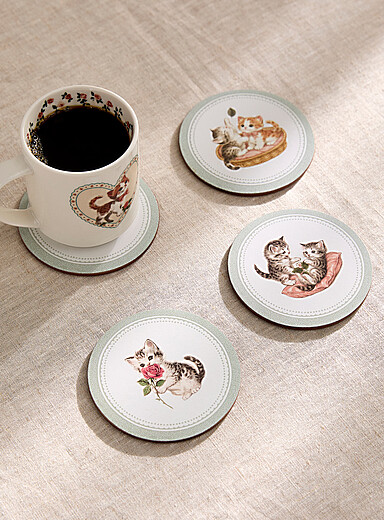 Retro cat laminated cork coasters Set of 4