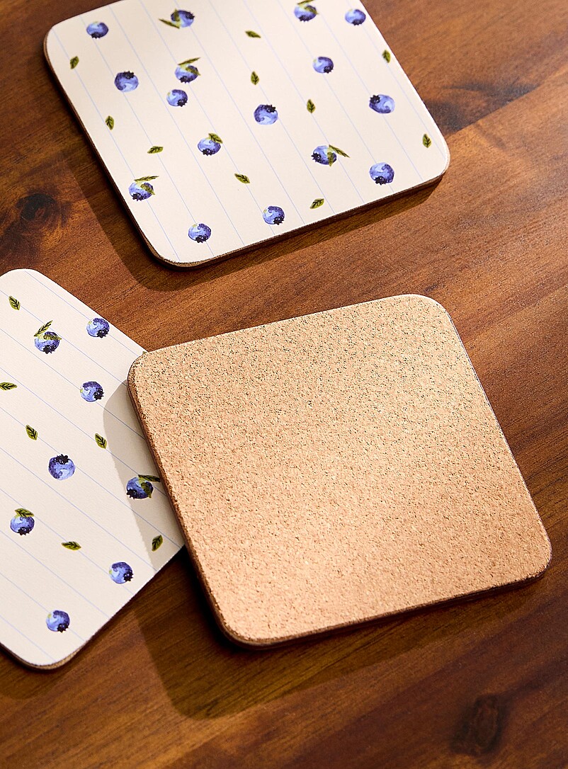 Simons Maison: Les sous-verres lamin&eacute;s sur li&egrave;ge saison des bleuets Ensemble de 4 Blanc &agrave; motif
