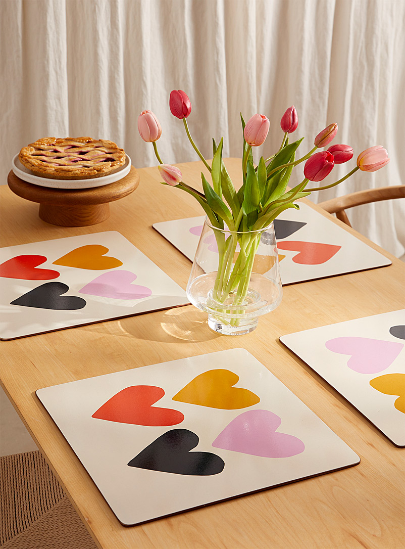 Simons Maison Patterned Ecru Colourful hearts laminated cork placemats Set of 4