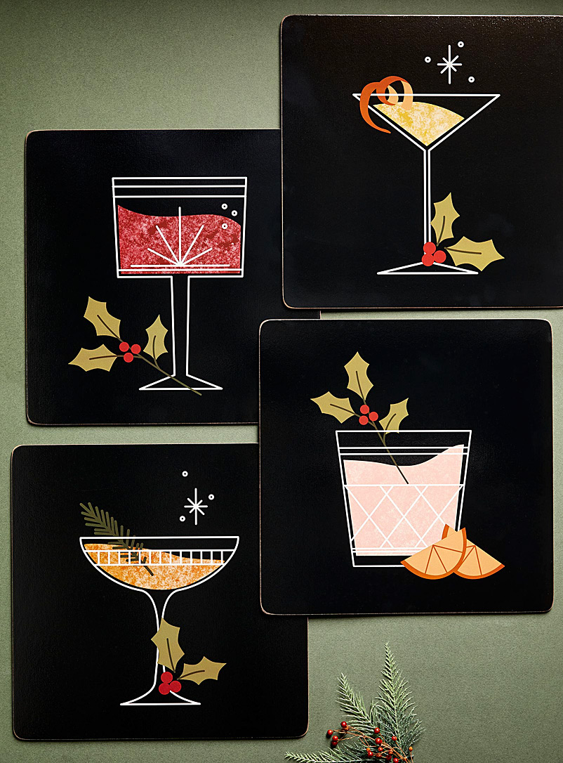 Simons Maison: Les napperons laminés sur liège cocktails festifs Ensemble de 4 Noir à motifs