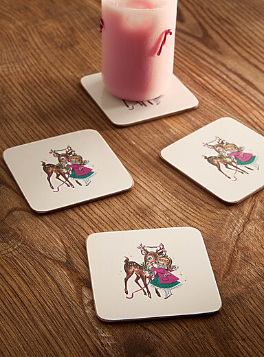 Les sous-verres lamin&eacute;s sur li&egrave;ge renne et fillette Ensemble de 4 <b>Collection de No&euml;l</b>