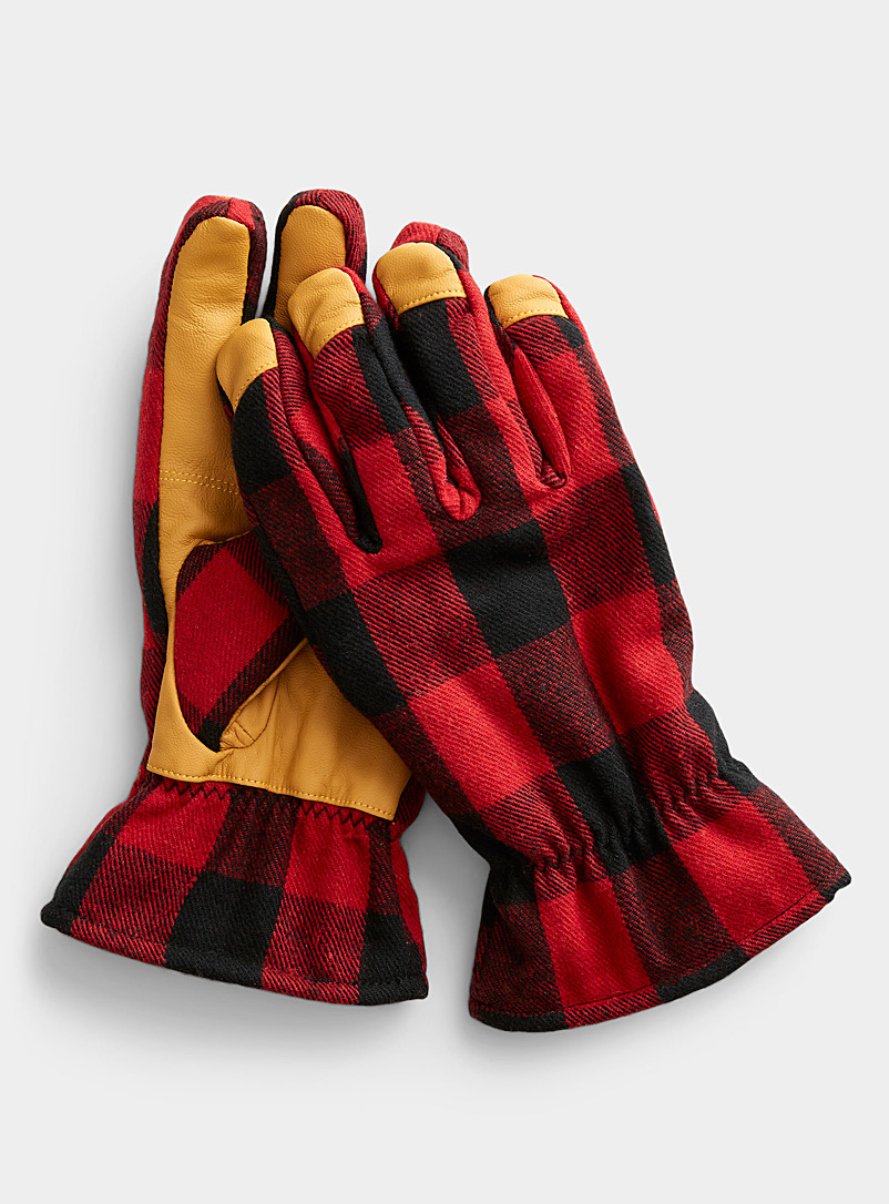 Le 31 Patterned Red Leather-palm wool gloves for men