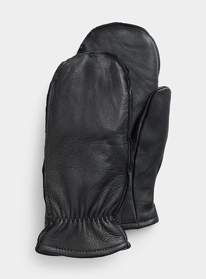 Simons Black Vintage leather lined mittens for women
