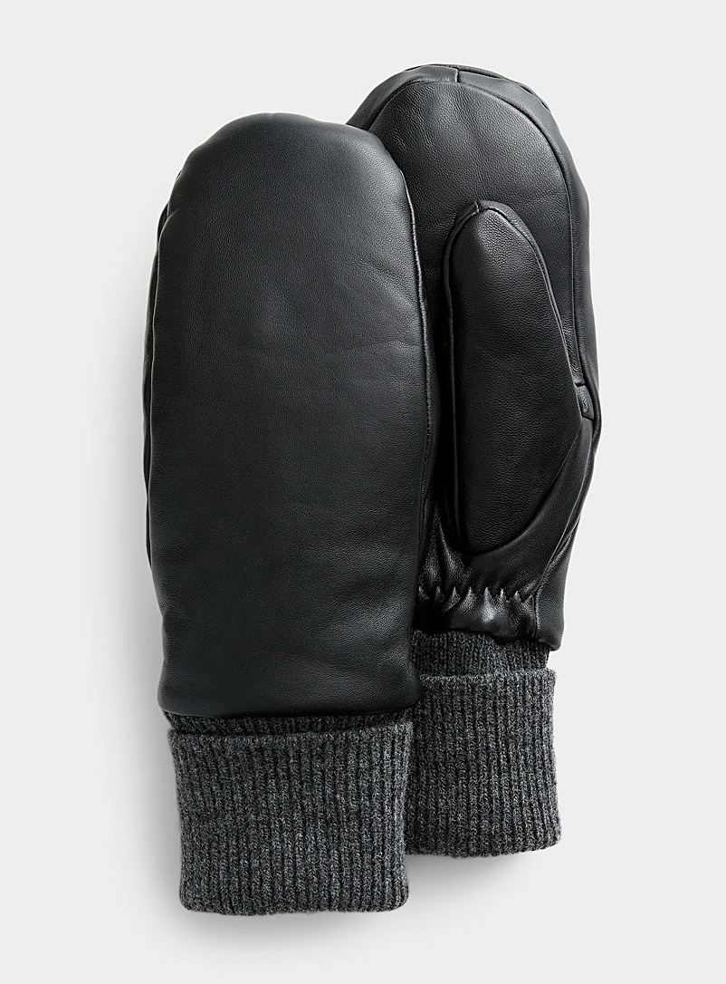 Simons Black Knit-cuff leather mittens for women
