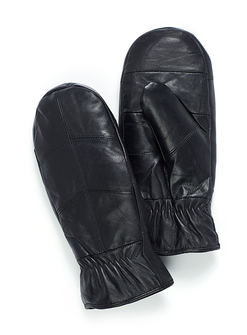 Simons Black Herringbone leather mittens for women