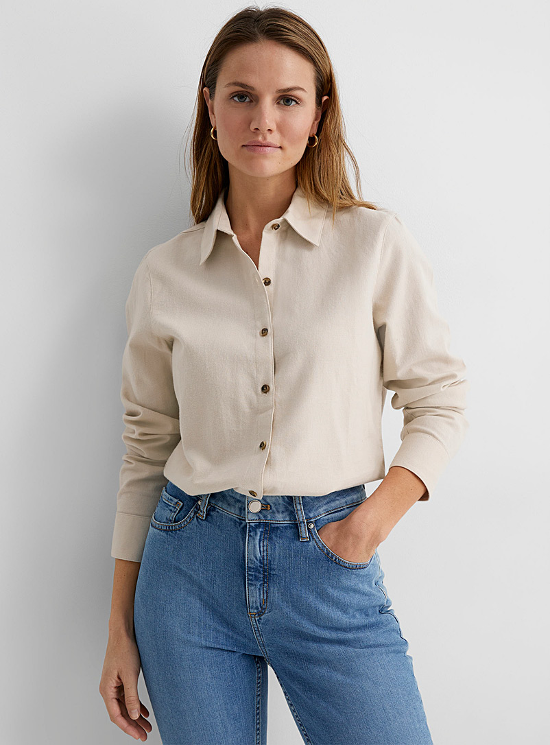 Contemporaine Cream Beige Fitted flannel shirt for women