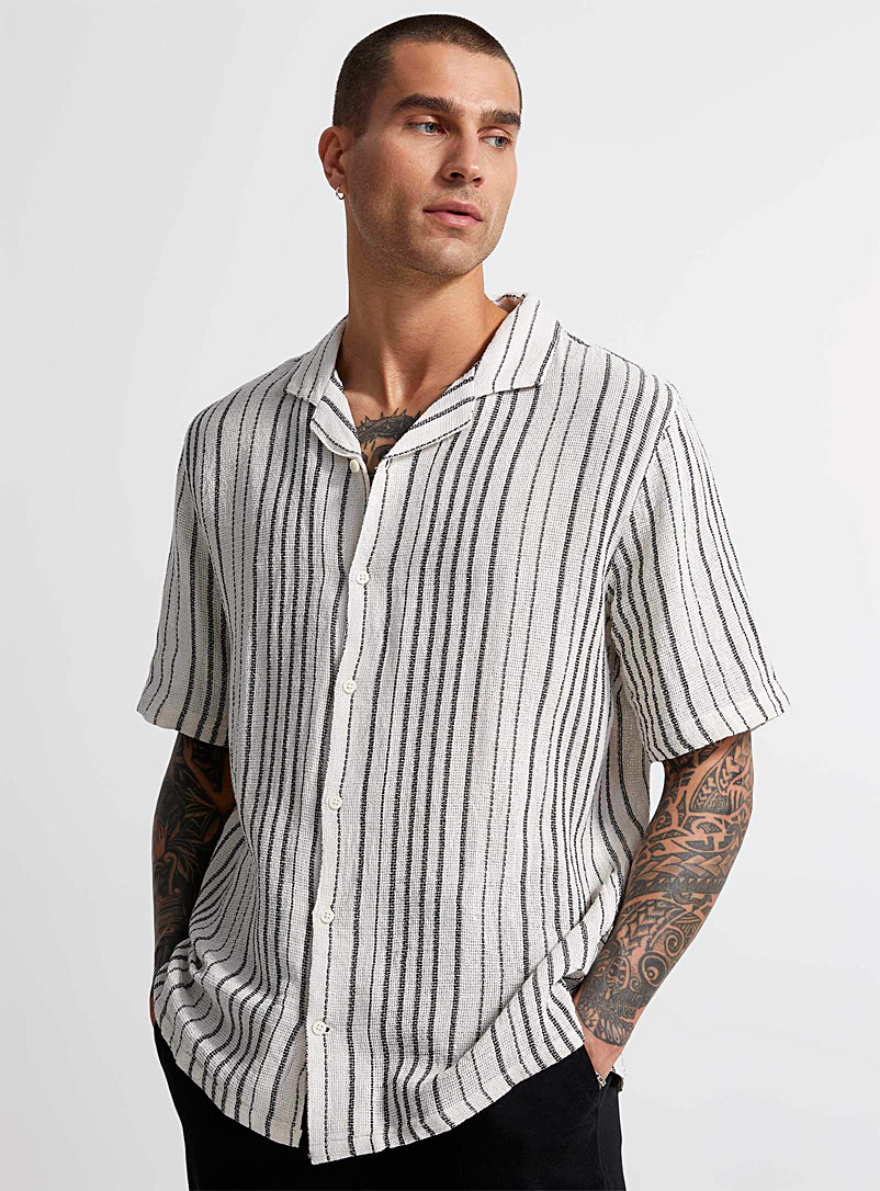 Le 31 Black Striped knit cabana shirt Comfort fit for men