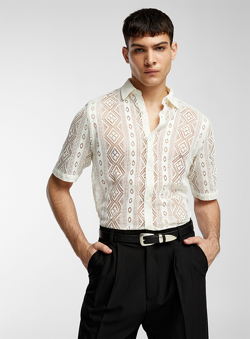 Le 31 Off White Geometric pointelle knit shirt for men