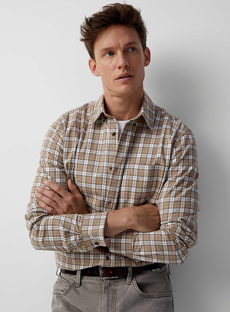 Le 31 Patterned Ecru Stylish check shirt Modern fit for men