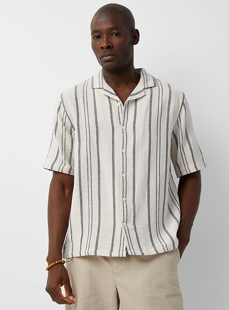 Le 31: La chemise col ouvert tricot rayé Coupe confort Ivoire blanc os pour homme