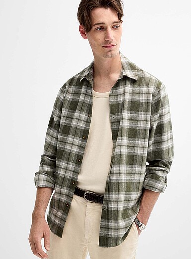 Le 31 Mossy Green Faded plaid flannel shirt <b>Modern fit</b> for men