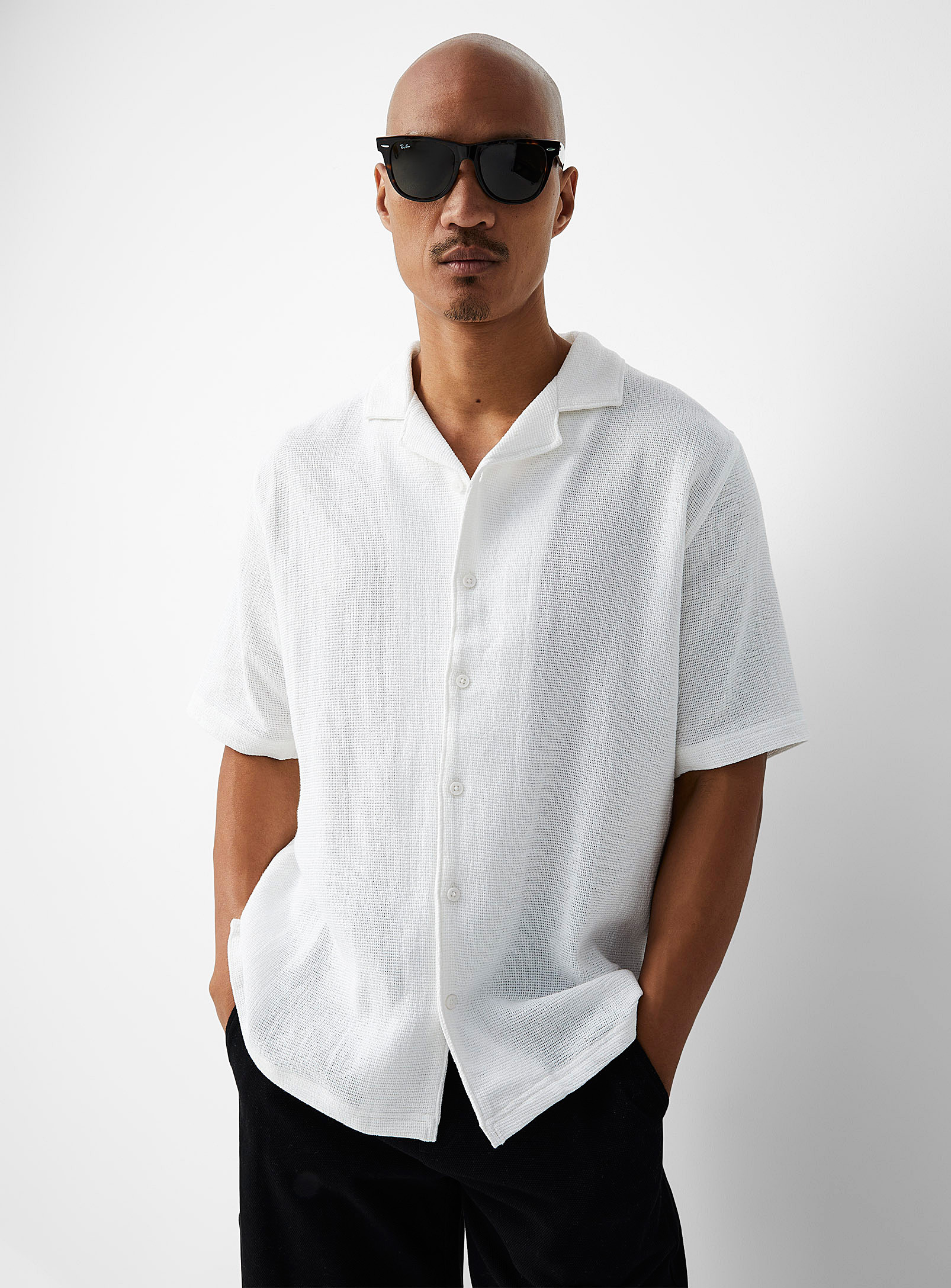 Le 31 Raw Knit Camp Shirt Comfort Fit In White