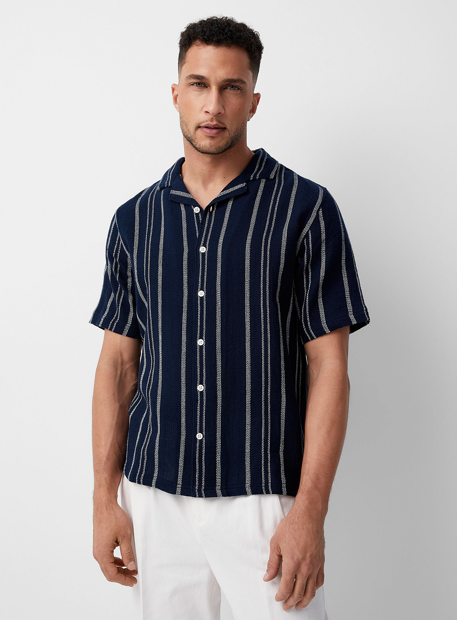 Le 31 Striped Knit Camp Shirt Comfort Fit In Marine Blue