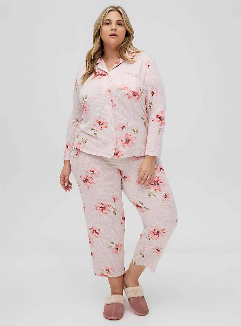 Miiyu: L'ensemble pyjama côtelé floral Taille plus Gris à motifs pour femme