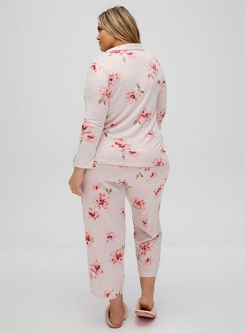 Miiyu Patterned Grey Floral ribbed pyjama set Plus size for women