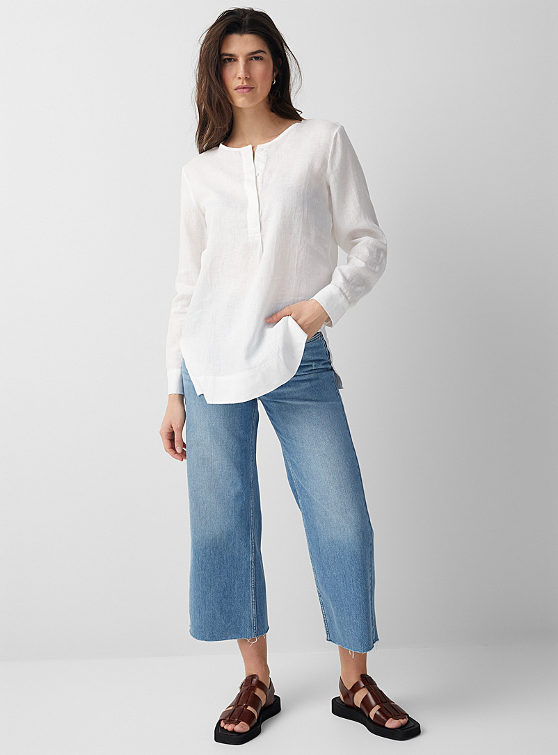 Contemporaine White Organic linen slit-collar tunic for women