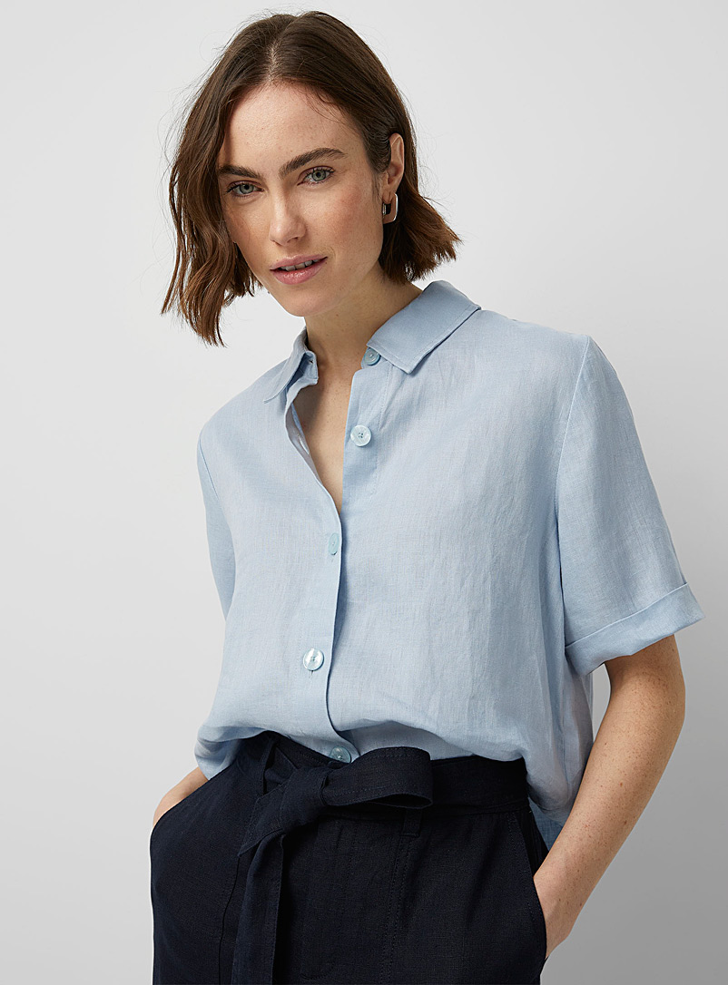 Contemporaine: La chemise manches revers lin bio Bleu pâle-bleu poudre pour femme
