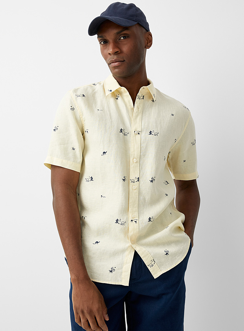 Le 31 Light Yellow Vacation pattern pure linen shirt for men