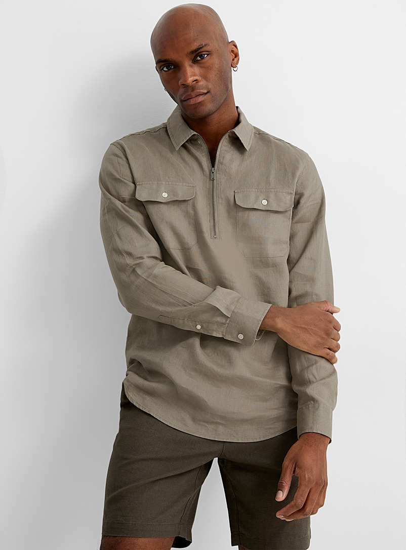 Le 31: La chemise pur lin demi-zip Coupe confort Vert pour homme