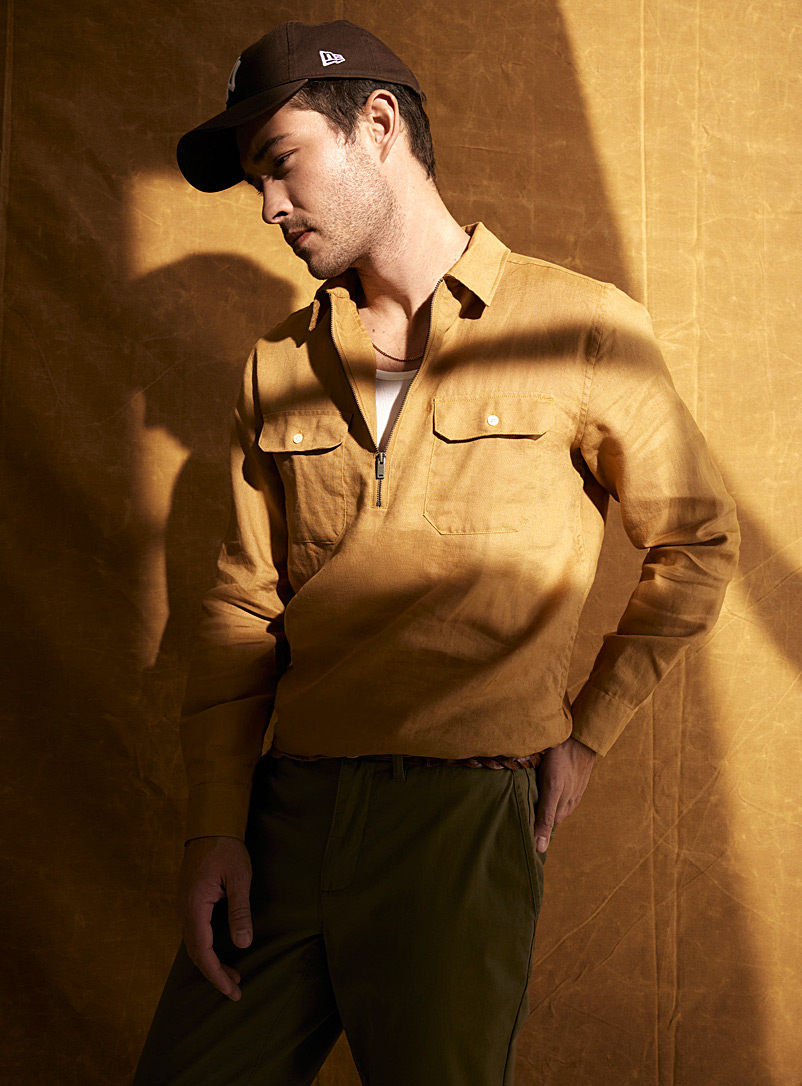 Le 31 Golden Yellow Pure linen half-zip shirt Comfort fit for men