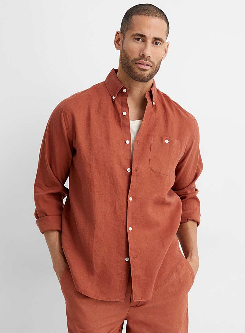 Le 31 Copper Solid pure linen shirt Comfort fit for men