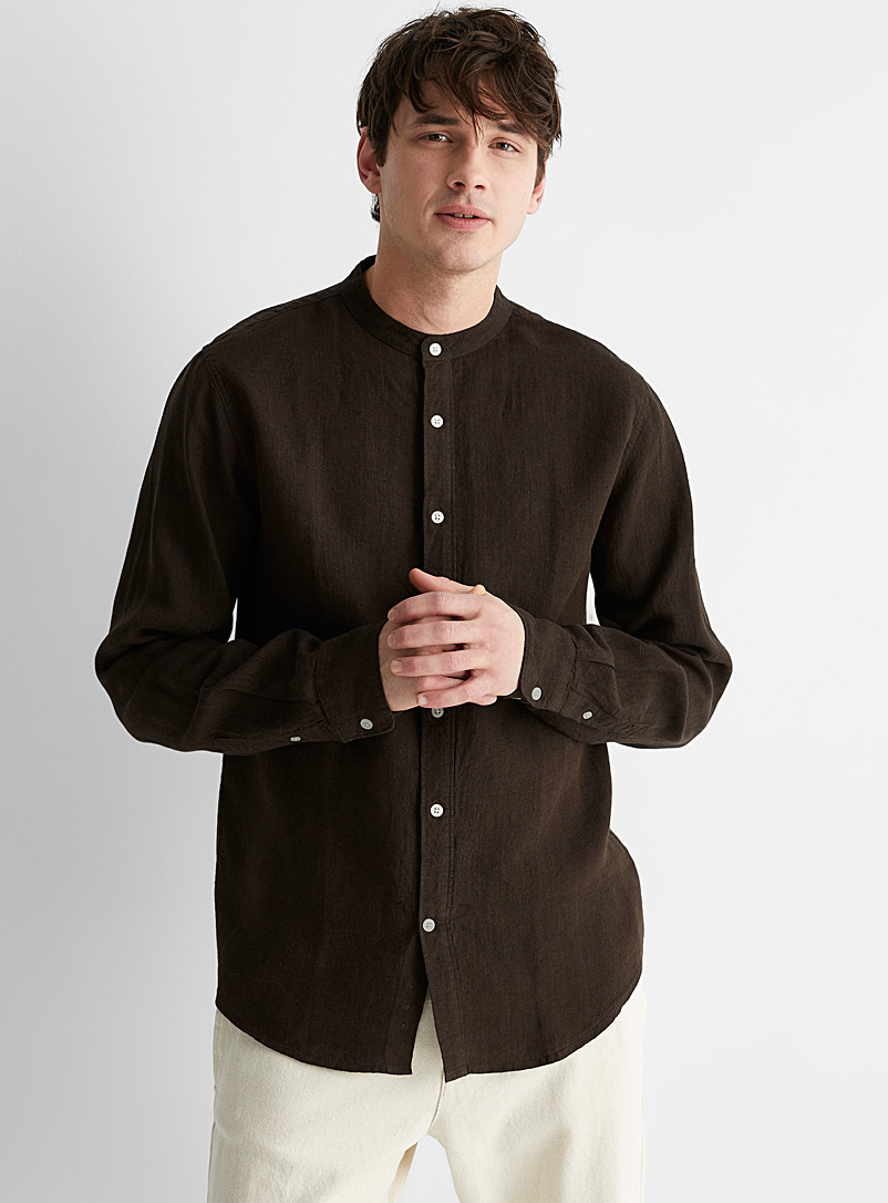 Le 31 Brown Officer collar pure linen shirt Modern fit for men