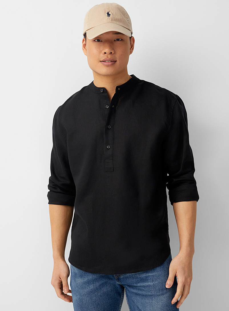 Le 31: La chemise pur lin demi-boutonnage Coupe confort Noir pour homme
