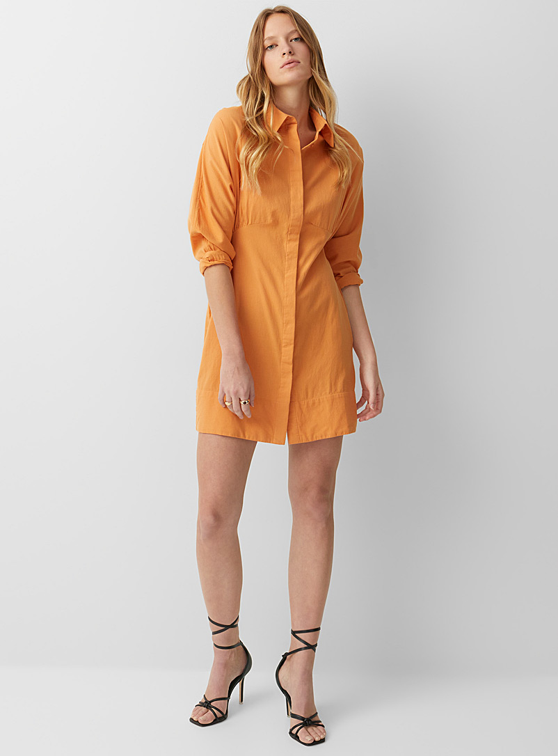 Icône: La robe chemise ajustée touche de lin Orange pour femme