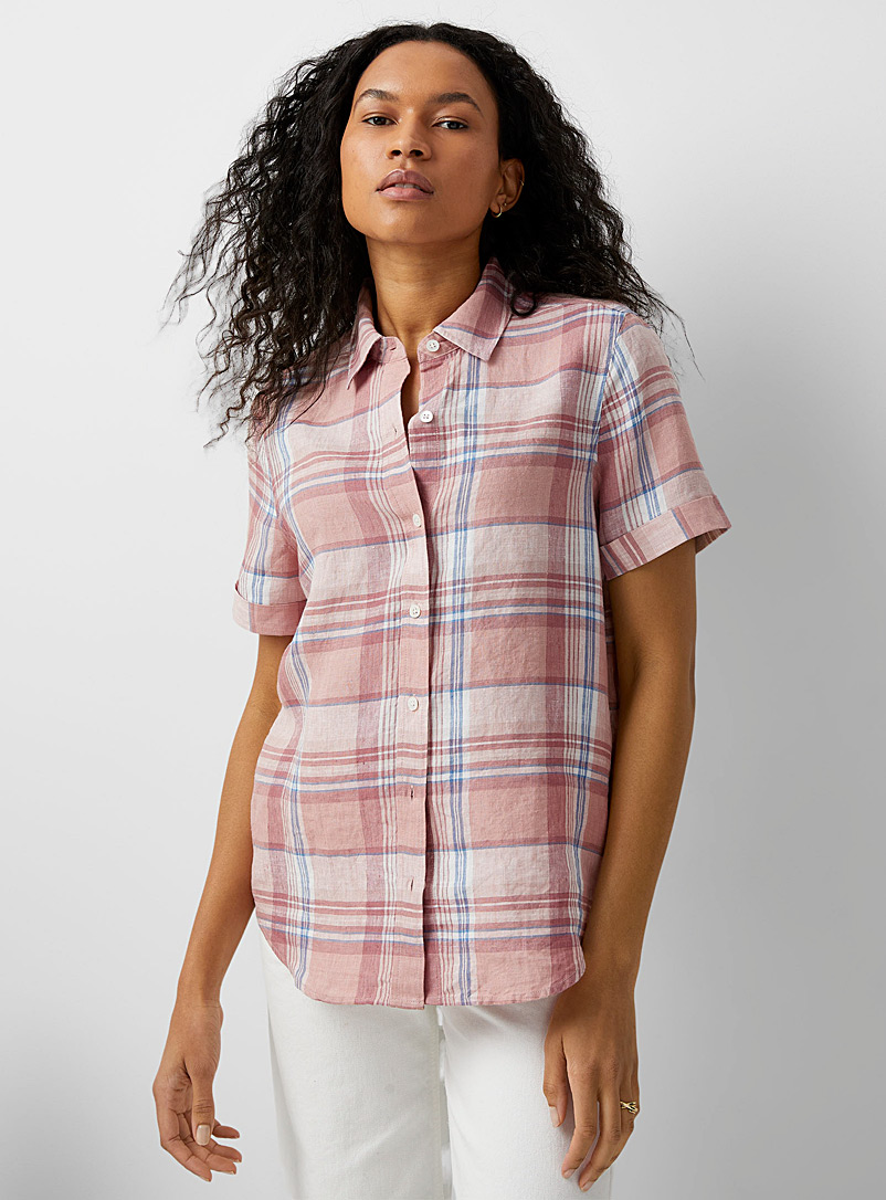 Contemporaine Patterned White Organic linen madras checkers shirt for women