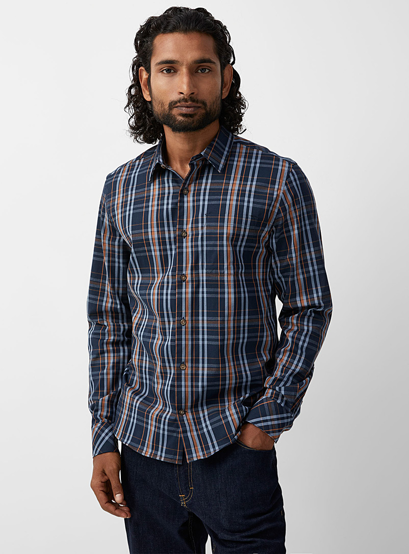 Le 31 Marine Blue Modern check stretch shirt Untucked fit for men