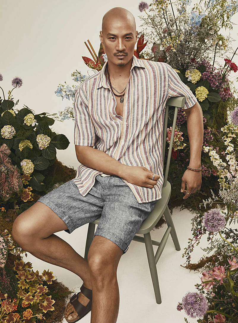 Chambray-stripe pure linen short-sleeve 
