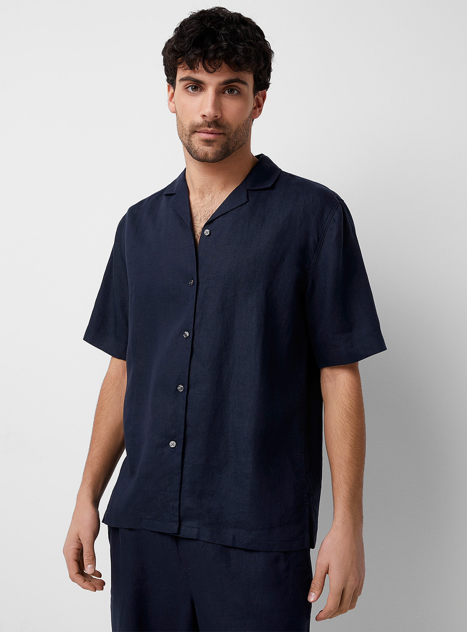 Le 31 Organic Linen Pyjama Shirt In Navy/midnight Blue