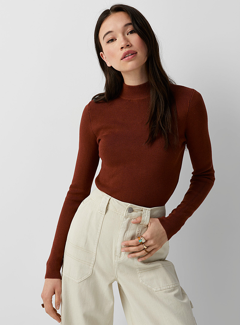 Twik Brown Ribbed cropped mock neck for women