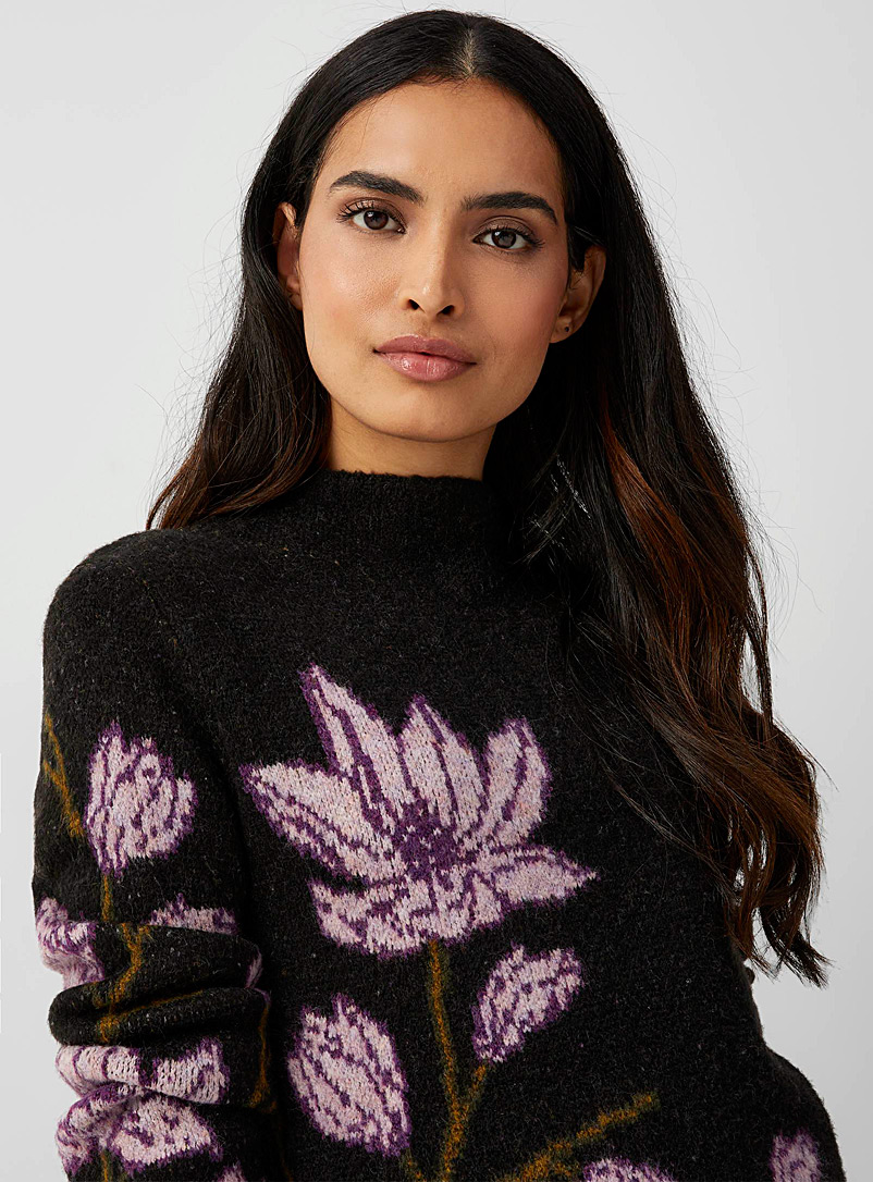 Contemporaine Patterned Black Jacquard pattern mock-neck sweater for women