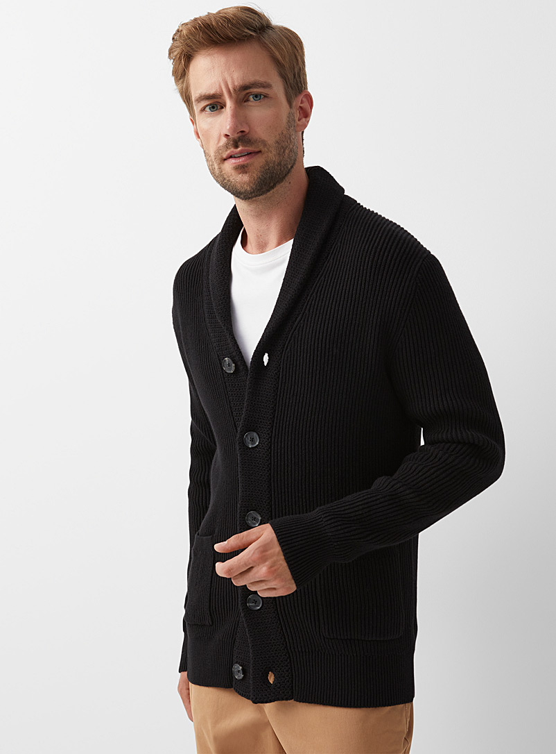 Le 31 Black Organic cotton shawl-collar ribbed cardigan for men