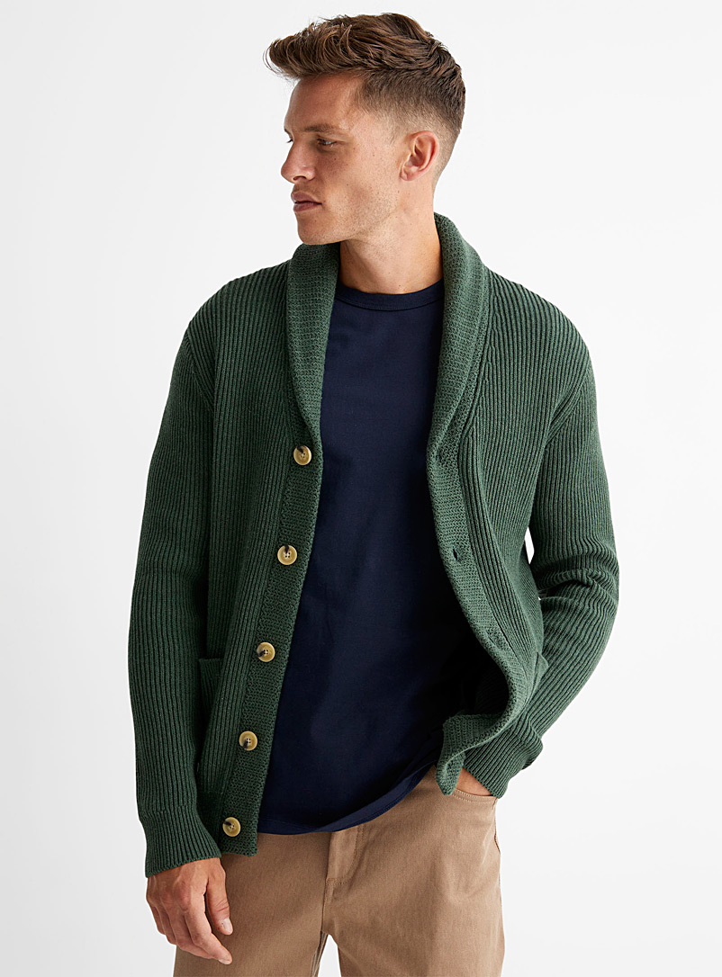 Le 31 Mossy Green Organic cotton shawl-collar ribbed cardigan for men
