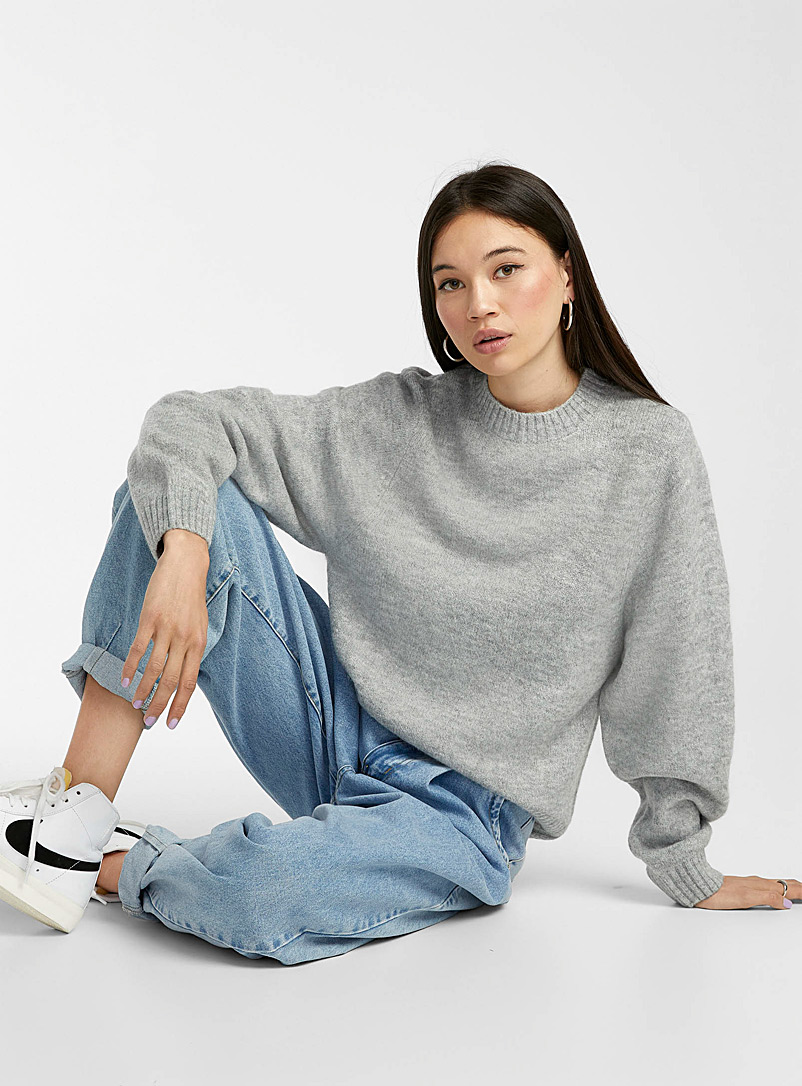 Twik Light Grey Puff-sleeve loose sweater for women