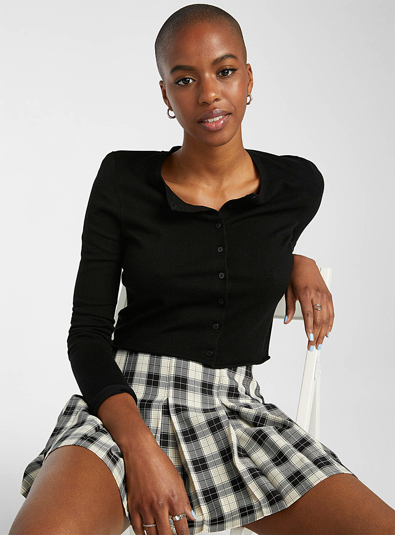 Twik Black Rolled-trim cropped cardigan for women
