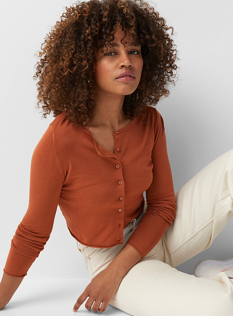 Twik Medium Brown Rolled-trim cropped cardigan for women