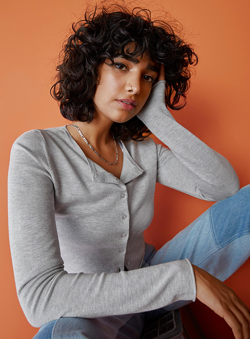 Twik Grey Rolled-trim cropped cardigan for women