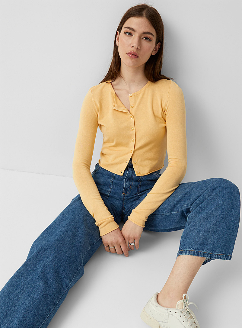 Twik Light Yellow Rolled-trim cropped cardigan for women