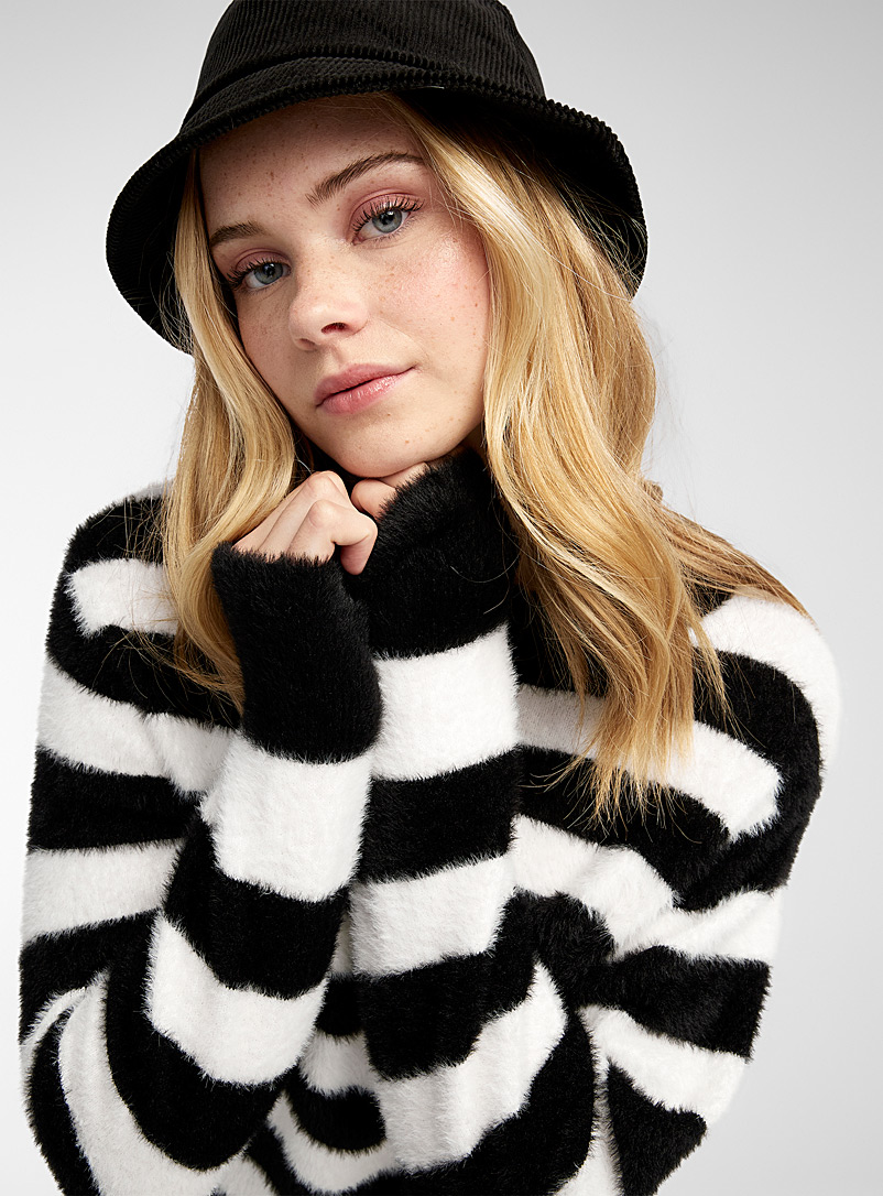 Twik Black and White Horizontal stripe chenille sweater for women