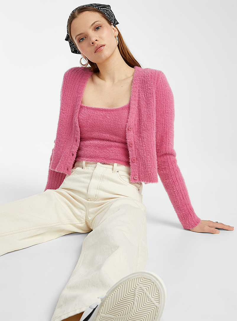 Twik Pink Ribbed chenille V-neck cardigan for women