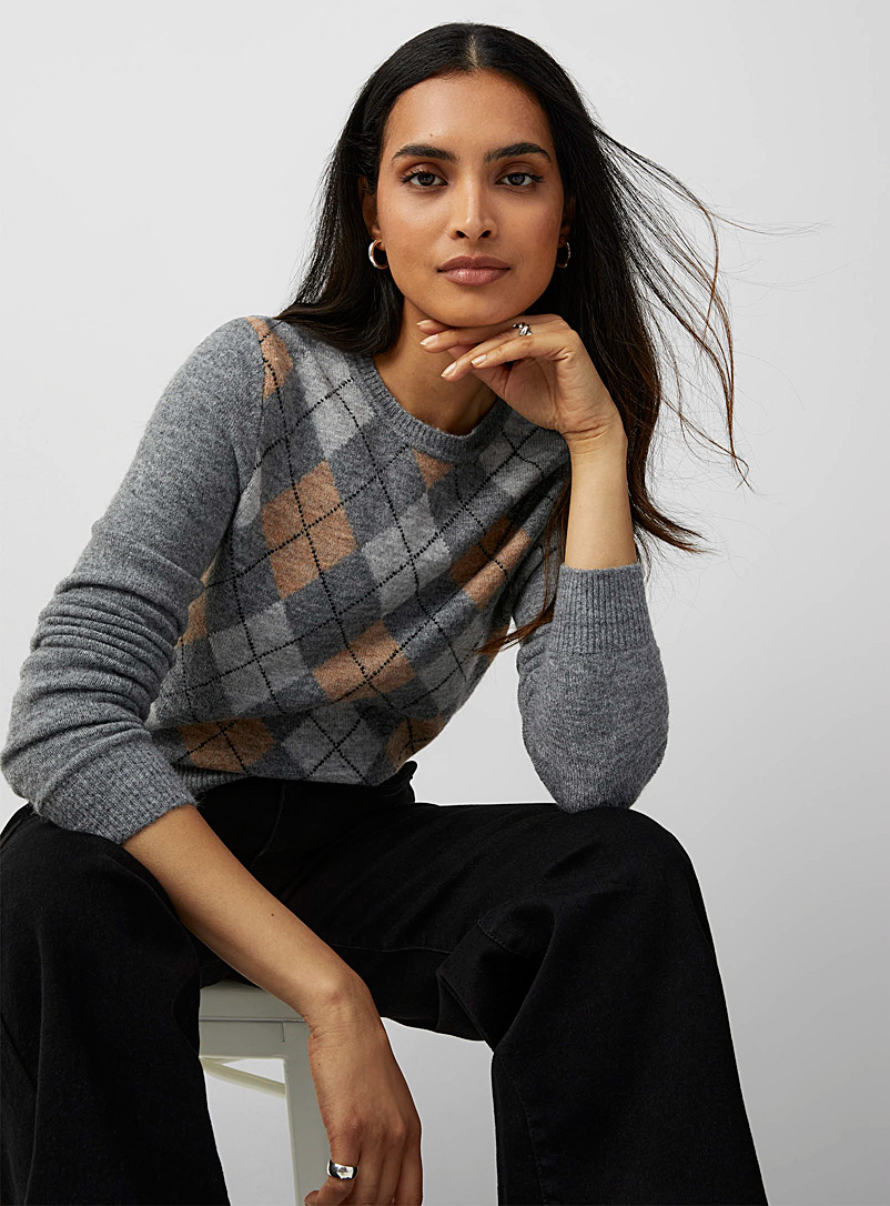 Contemporaine Patterned Grey Scottish argyle sweater for women