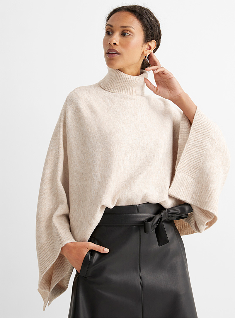 Contemporaine Sand Ribbed turtleneck poncho for women