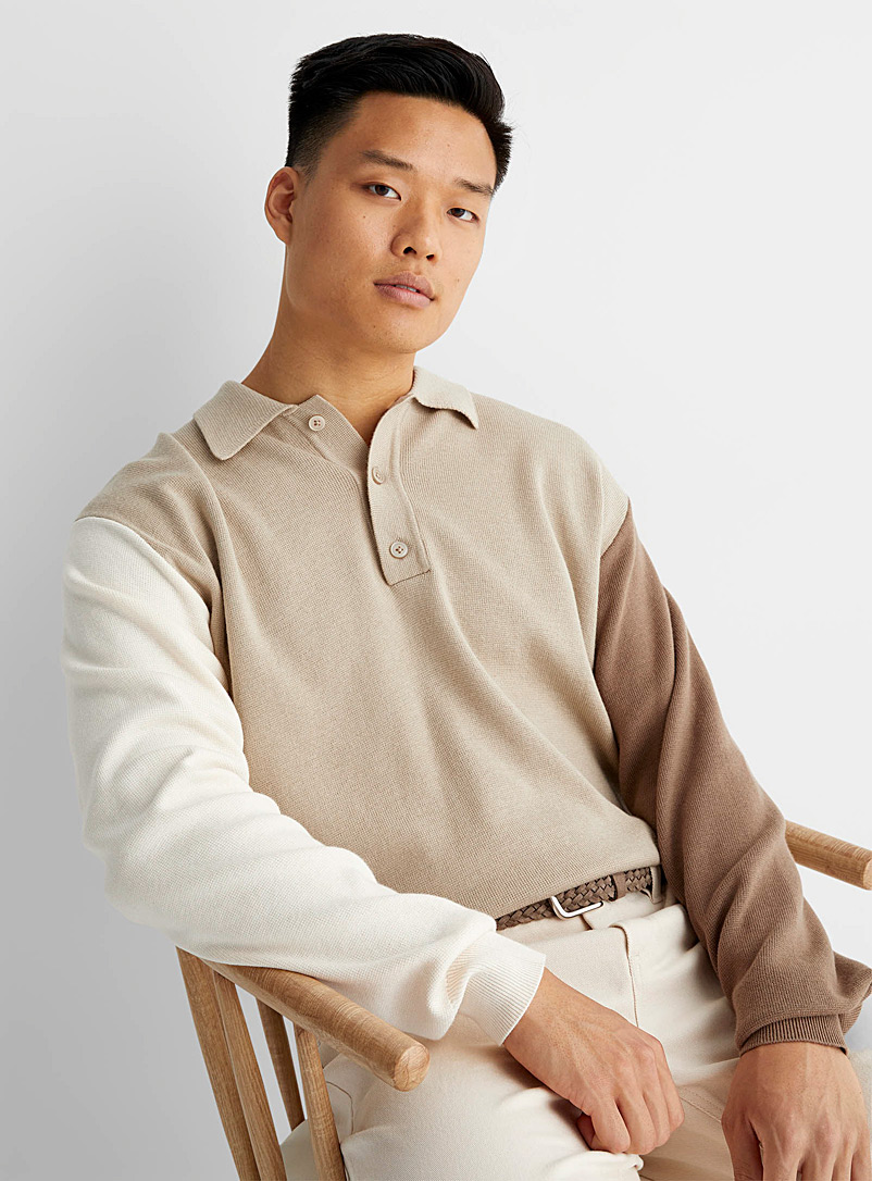 Le 31 Ivory White Colour block polo-collar sweater for men