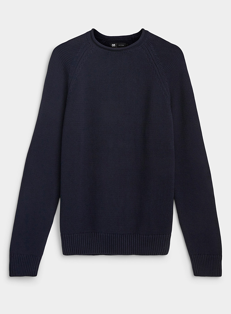 Le 31 Marine Blue Rolled crew-neck sweater for men